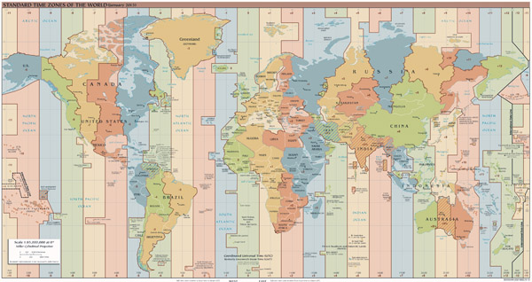 Large detailed time zones map of the World - 2015 issue.