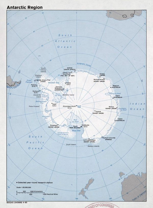 Large detailed map of Antarctic Region - 1985.