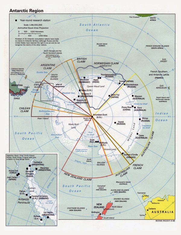 Large political map of Antarctic Region - 1998.