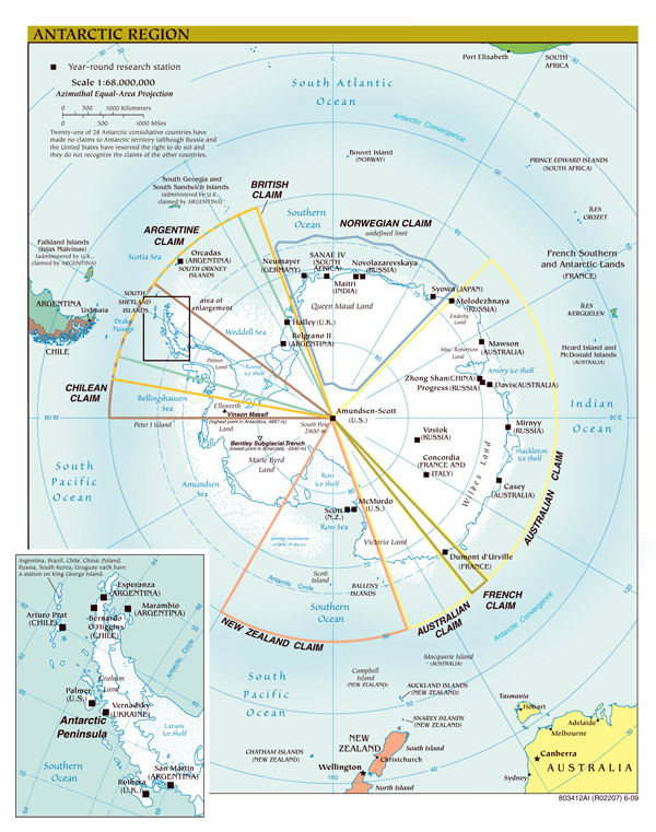 Large scale detailed political map of Antarctic Region - 2009.