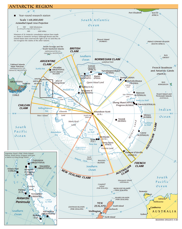 Large scale political map of Antarctic Region - 2000.