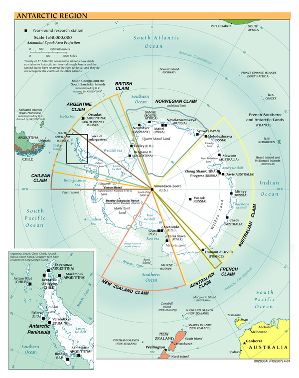 Large scale political map of Antarctic Region - 2001.