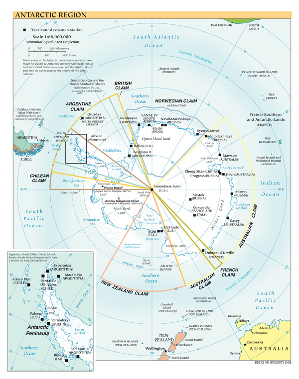 Large scale political map of Antarctic Region - 2005.