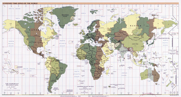 Large detailed Time Zones map of the World - 2005.